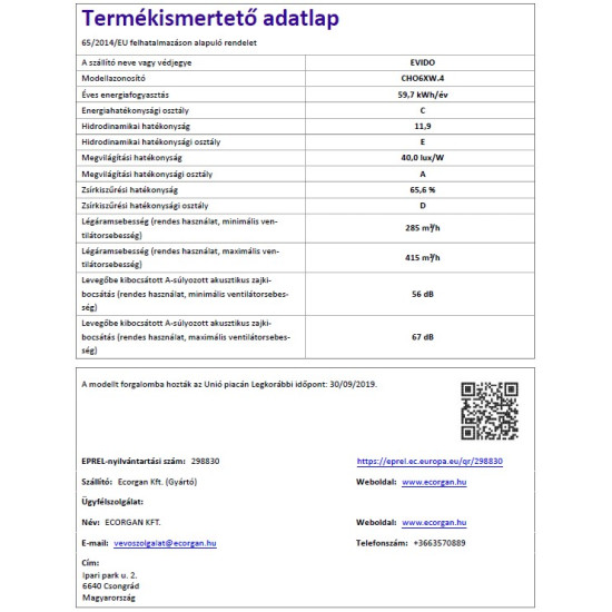 Evido EVIDO ONDA kürtős páraelszívó CHO6XW.4 Kürtős páraelszívó