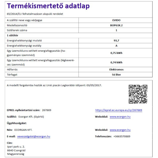 Evido EVIDO PRIMO beépíthető sütő BOP63X.2 Beépíthető villany sütő
