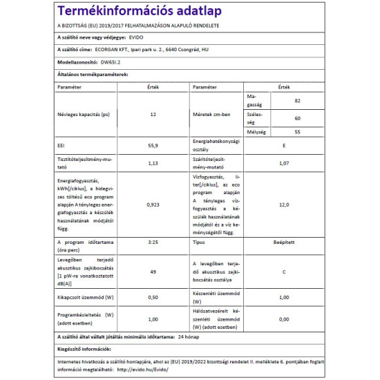 Evido EVIDO AQUALIFE 60 teljesen integrált mosogatógép DW65I.2 Beépíthető 12-15 terítékes mosogatógép